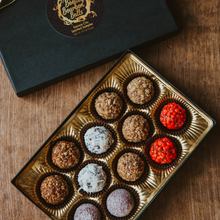 Create-Your-Custom Box!  Twelve, chocolate bourbon balls of your choosing nestled in our custom box.  Rich, decadent and made with local and regional distilled spirits of Kansas City and Missouri.