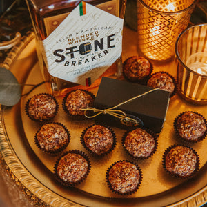 Made with Restless Spirits Stone Breaker Irish and American Blended Whiskey, Bittersweet chocolate, center cut bacon and toasted pecans. Kansas City gifts.  Bourbon Chocolates.  Bourbon Balls.  Bootleg Bourbon Balls.